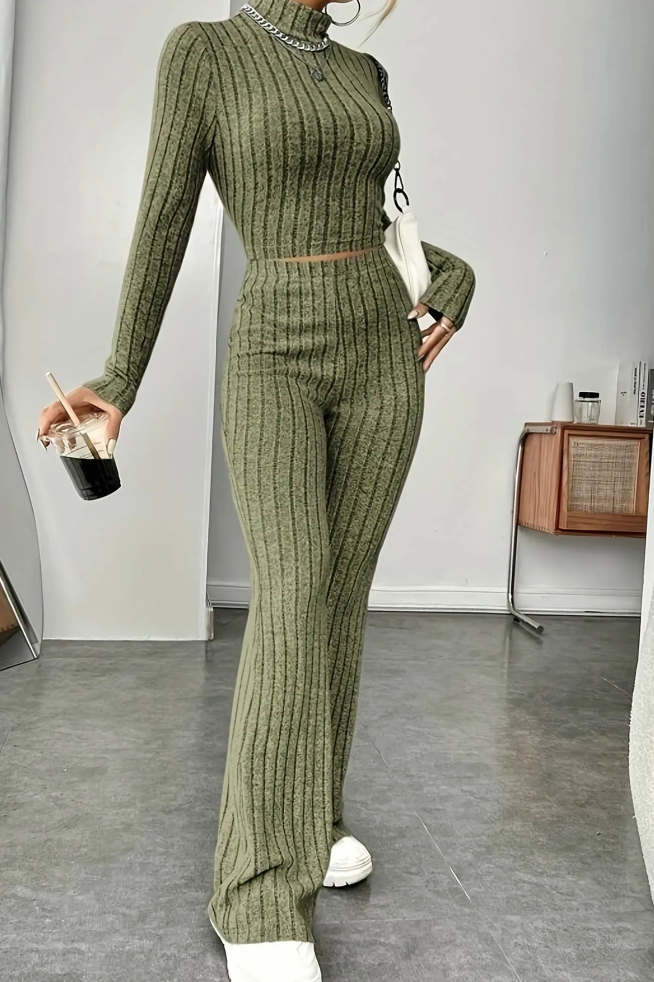 Mock Neck Ribbed Knit Crop Top Wide Leg Long Pants Set