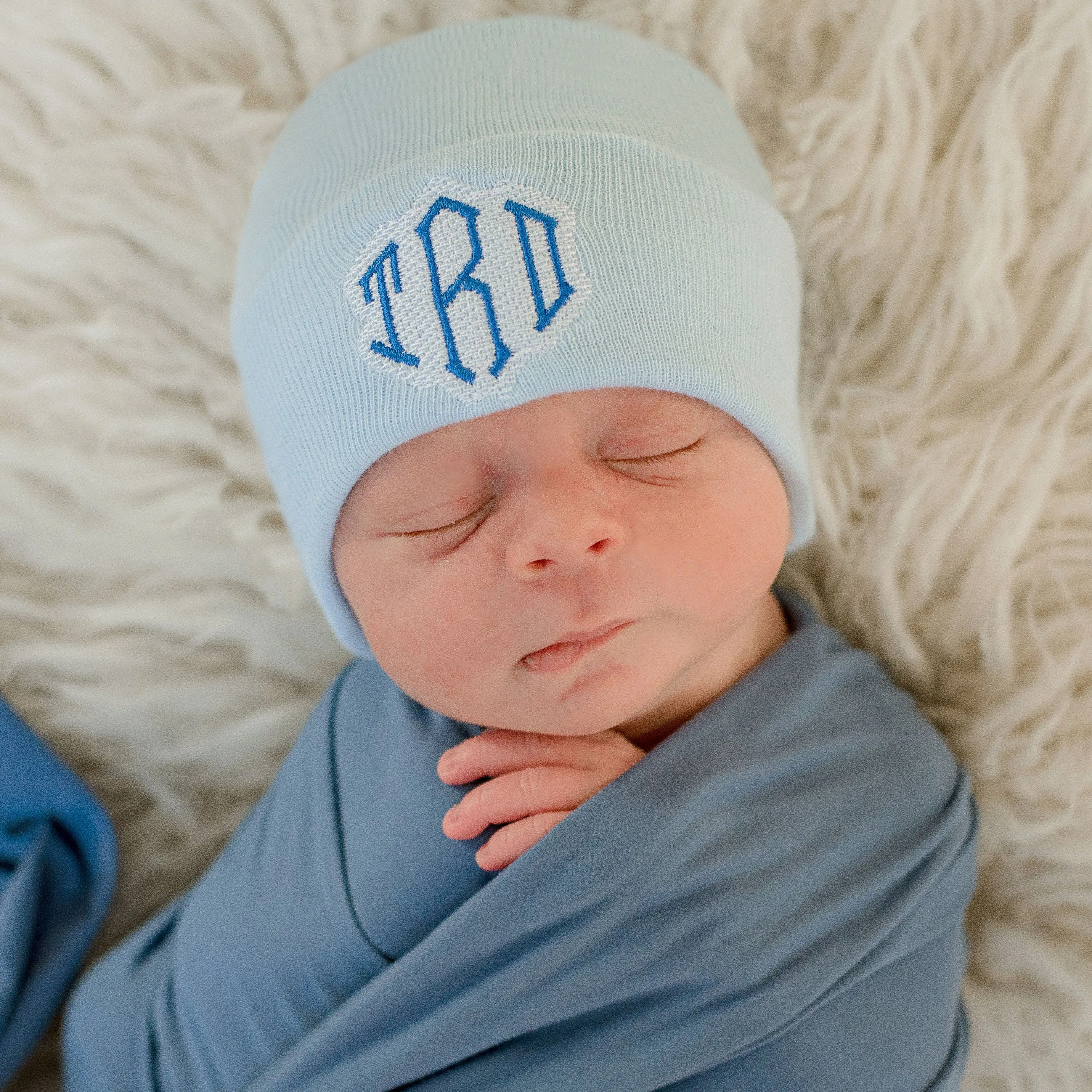 Monogramed Shadow Stitch White Newborn Boy Hospital Beanie Hat Infant Hat Newborn Hat