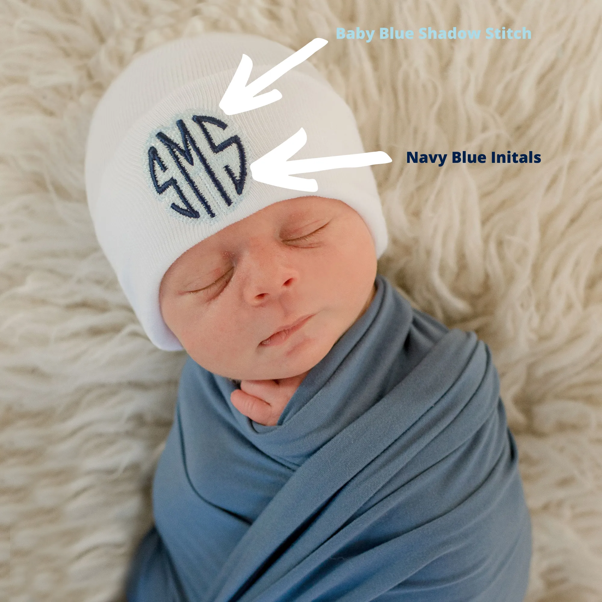 Monogramed Shadow Stitch White Newborn Boy Hospital Beanie Hat Infant Hat Newborn Hat