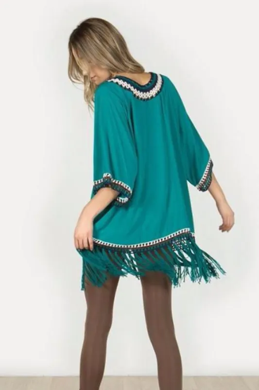 Monoreno Crochet Fringe Tunic - Turquoise