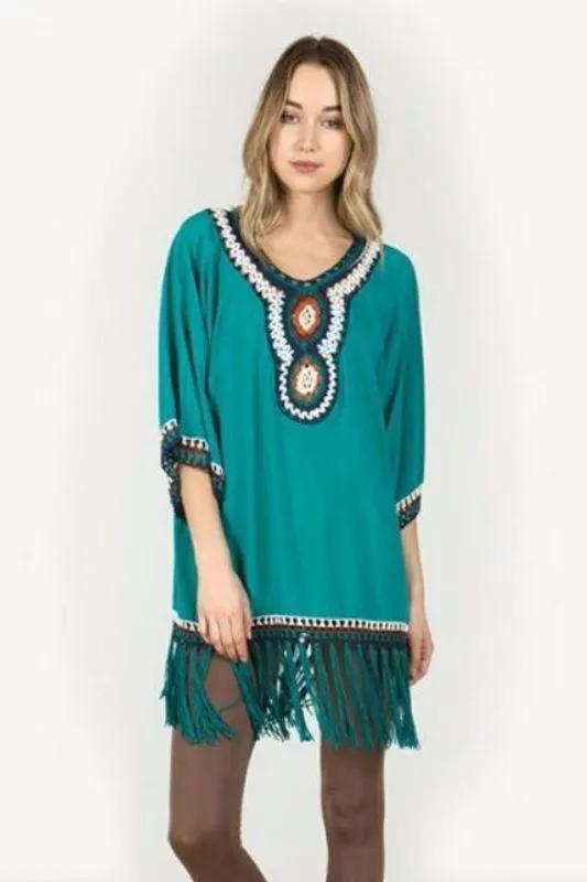 Monoreno Crochet Fringe Tunic - Turquoise