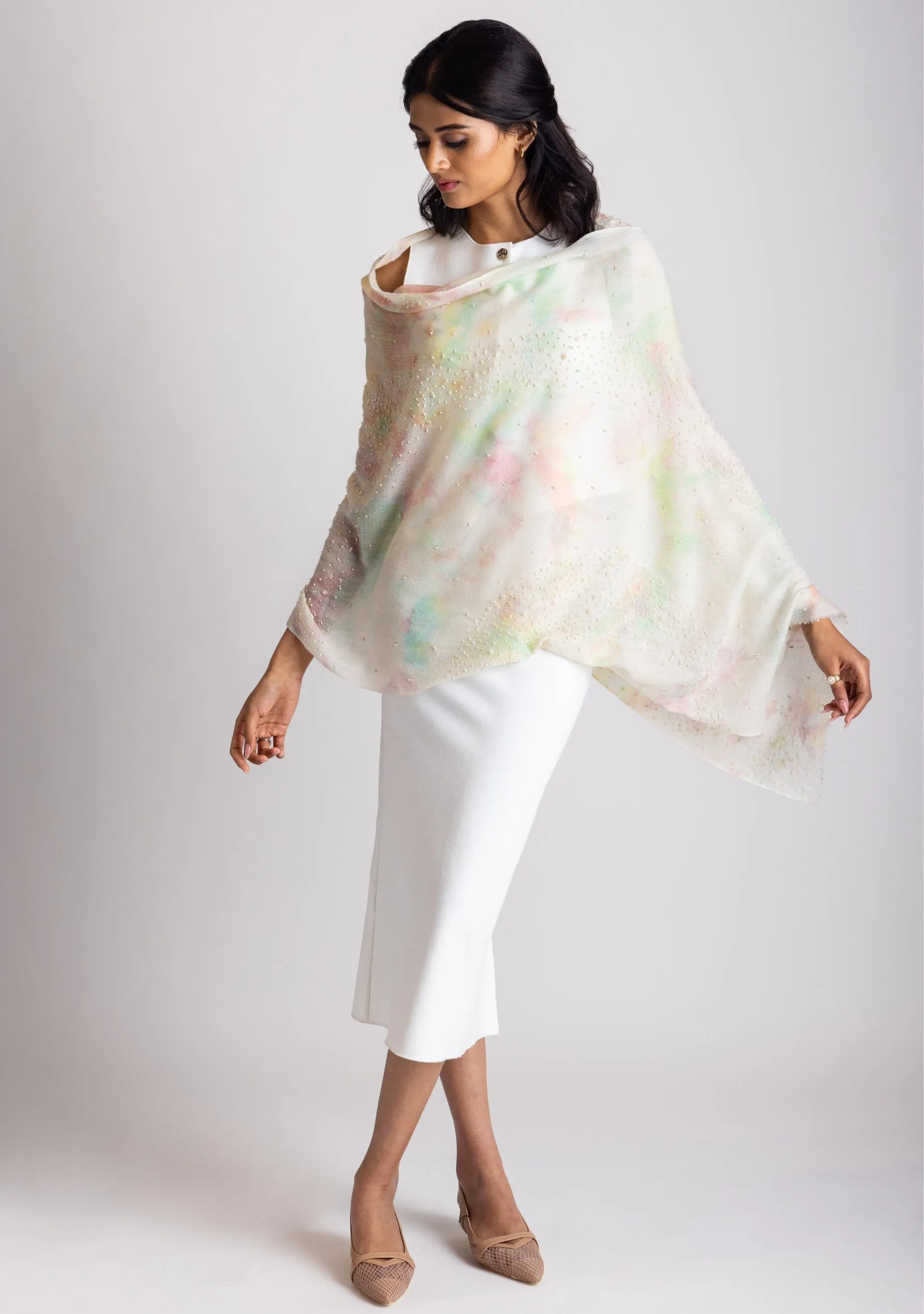 Multi-Pastel Cashmere Scarf with Ivory Pearls