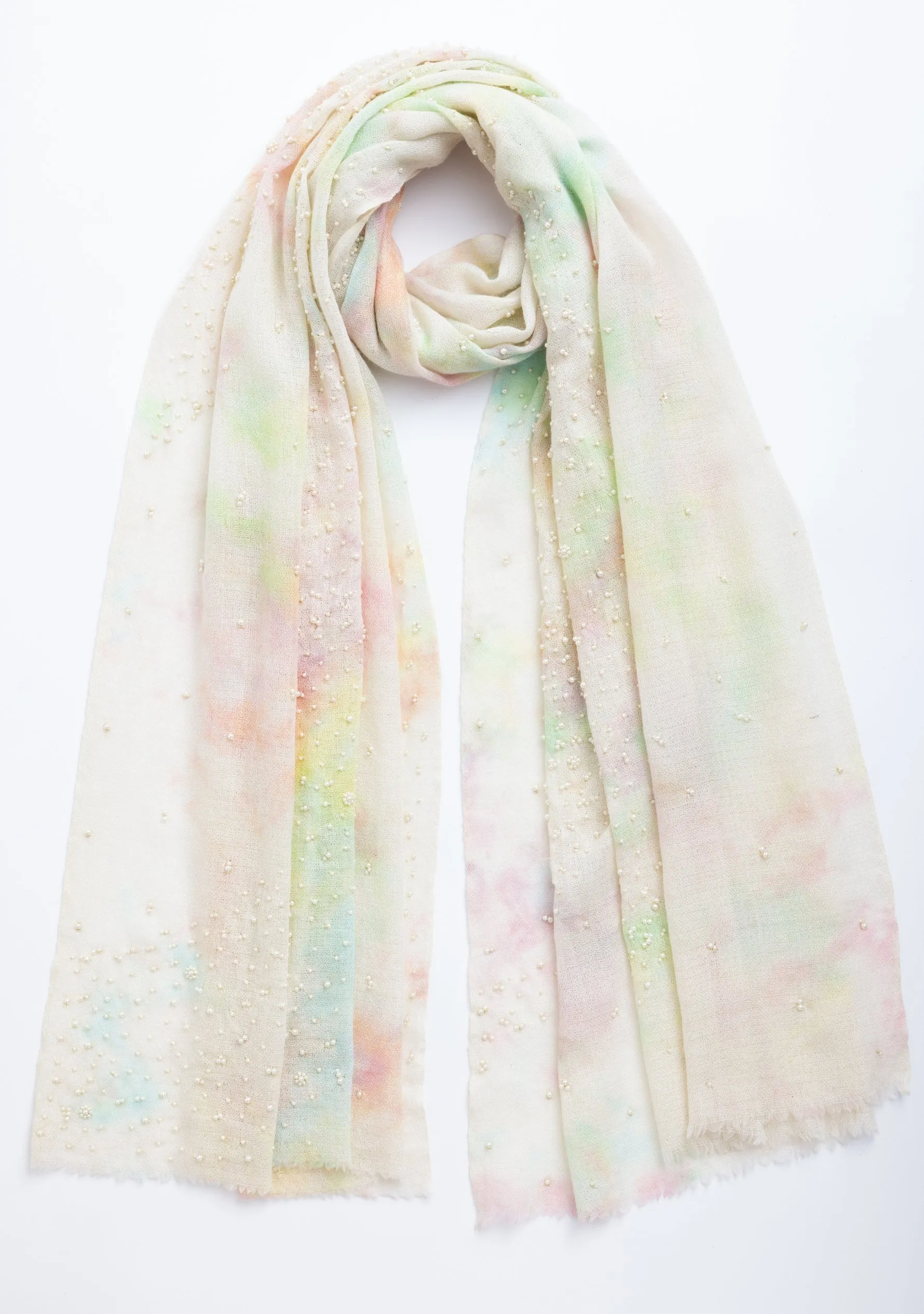 Multi-Pastel Cashmere Scarf with Ivory Pearls