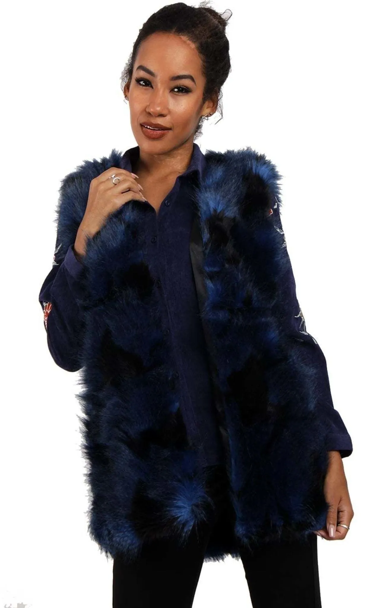 Navy Blue Patchwork Faux Fur Gilet