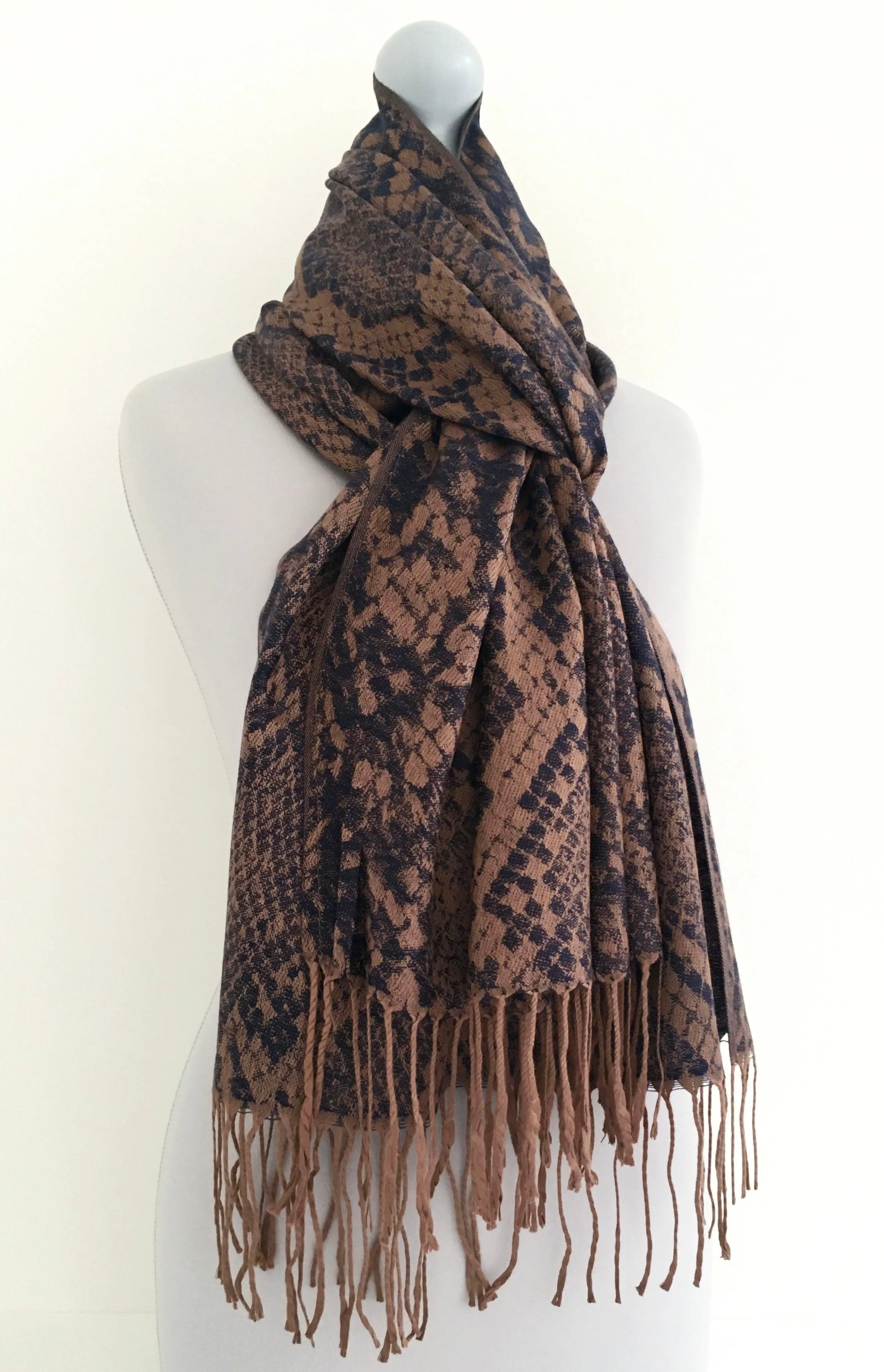 NAVY BRONZE LARGE SNAKESKIN PRINT REVERSIBLE PASHMINA SHAWL SCARF