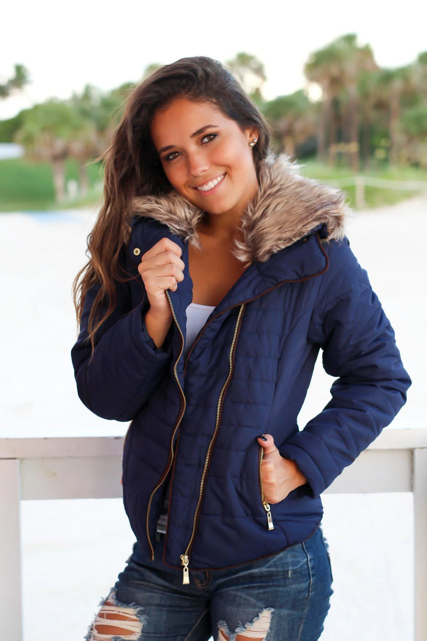 Navy Quilted Jacket with Side Zipper