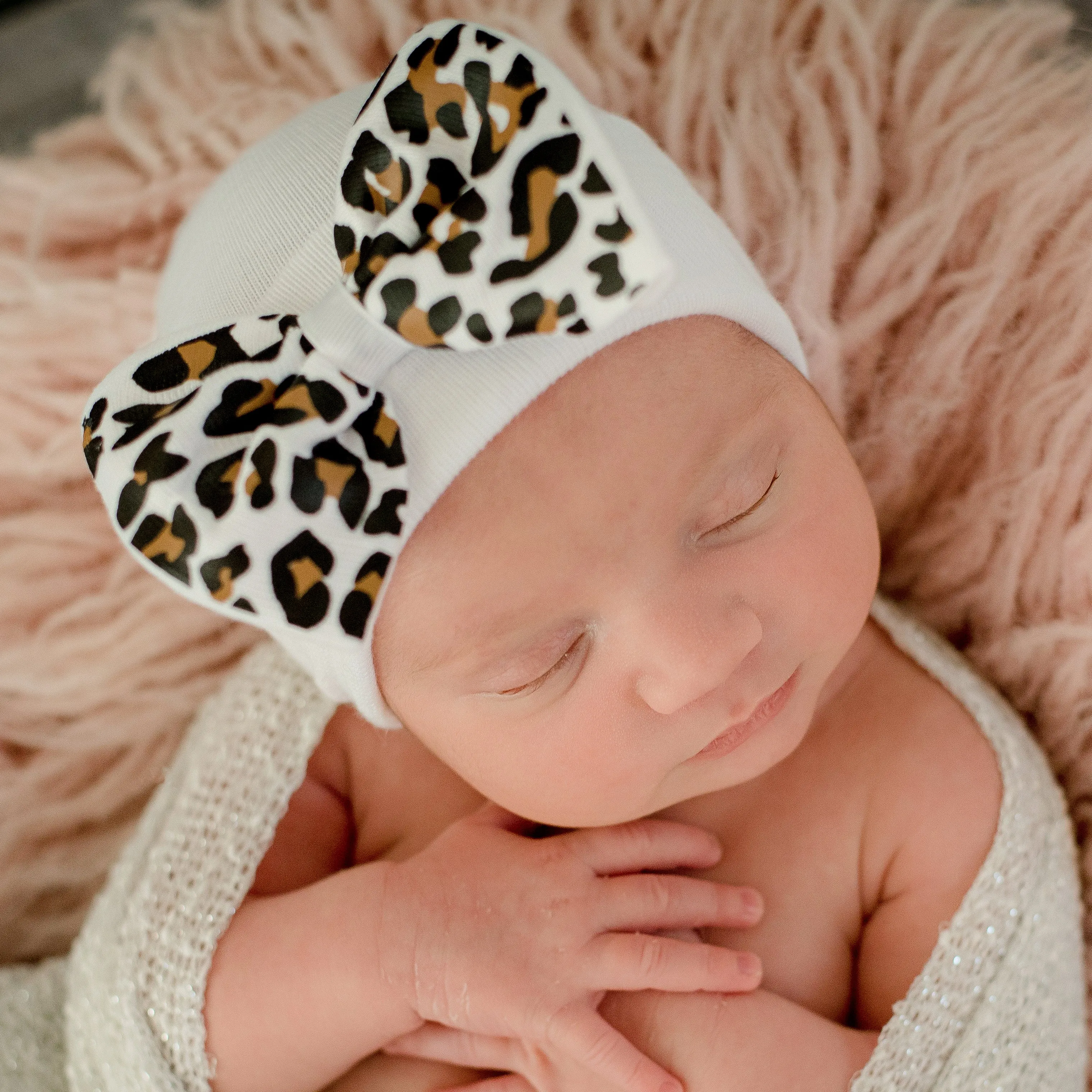 Newborn Baby Girl Hospital Beanie Hat With Lucy Leopard Bow, White Color Infant Hat Newborn Hat