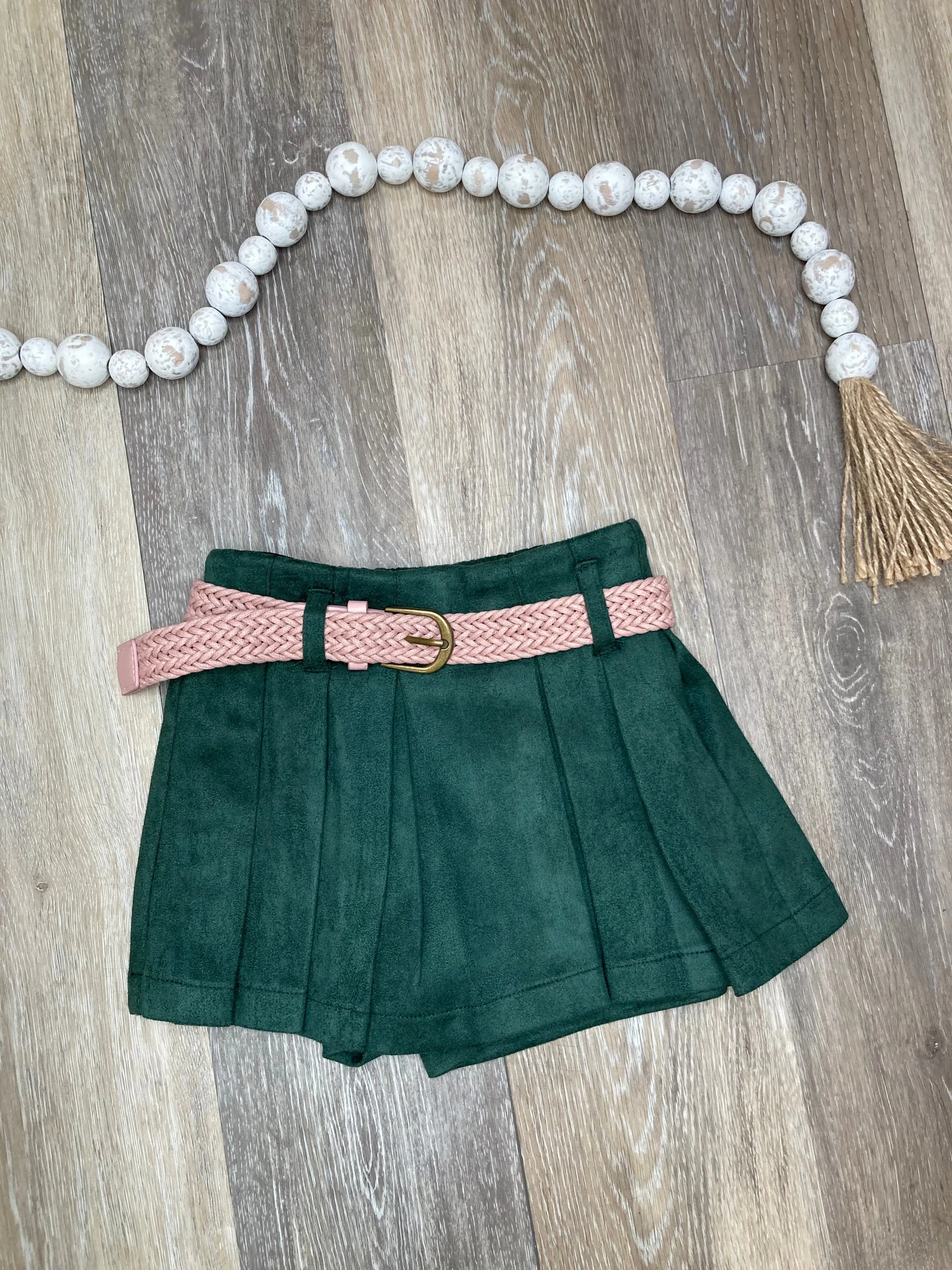 NON Pine Green Belted Faux Suede Skort