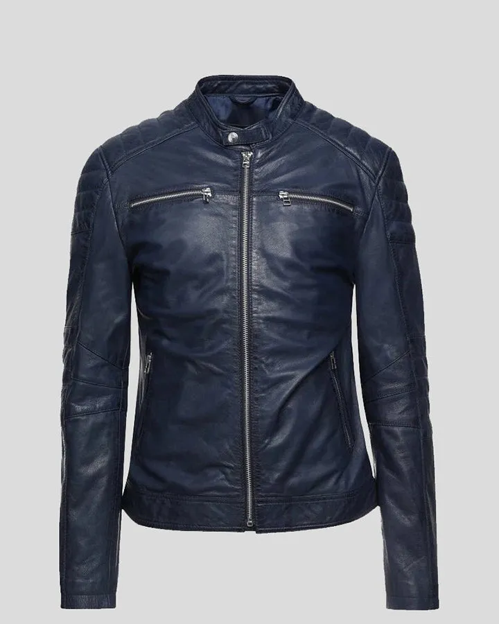 Olin Blue Biker Leather Jacket