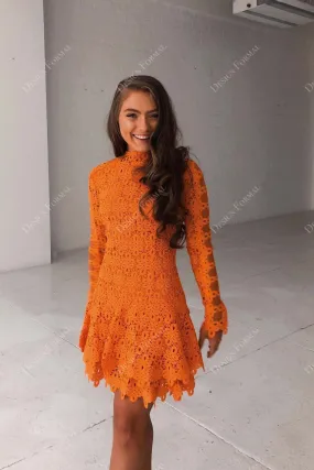 Orange Lace Sleeved Scalloped Short Prom Dress