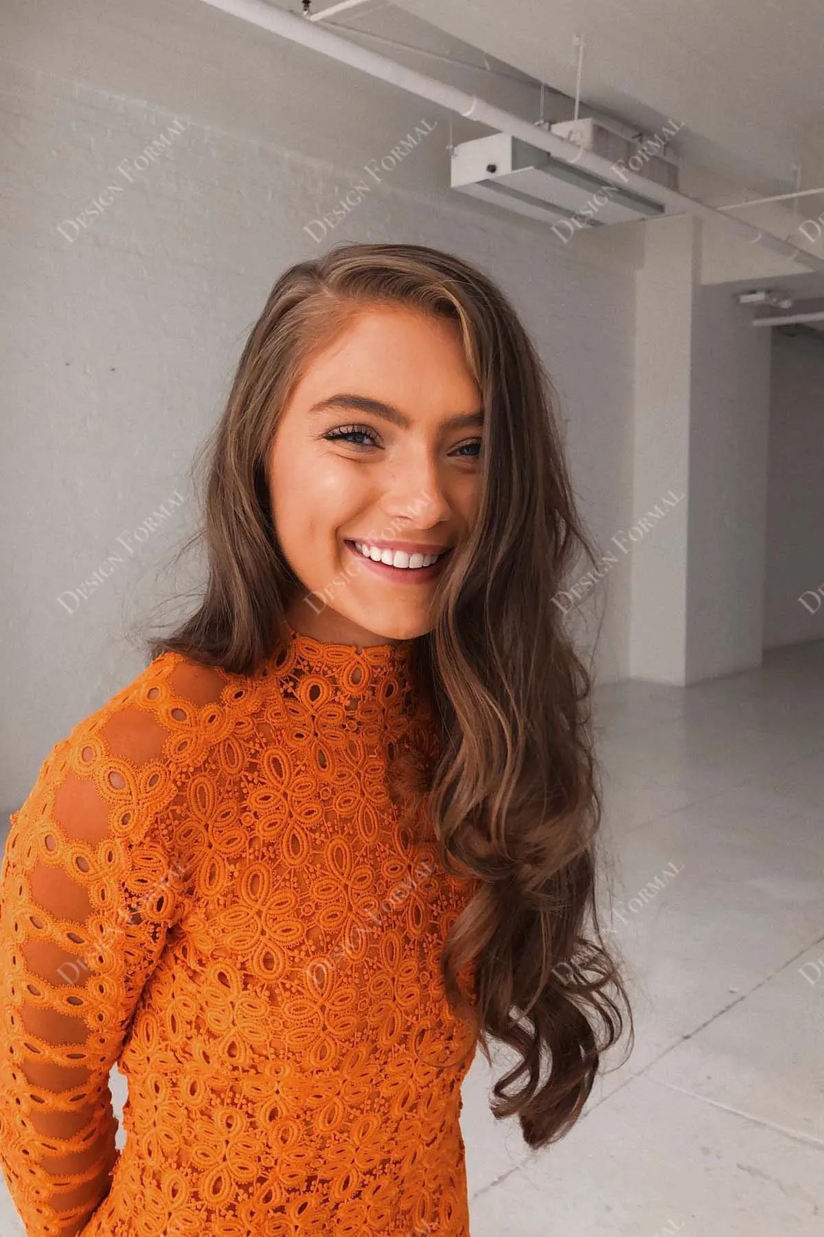 Orange Lace Sleeved Scalloped Short Prom Dress