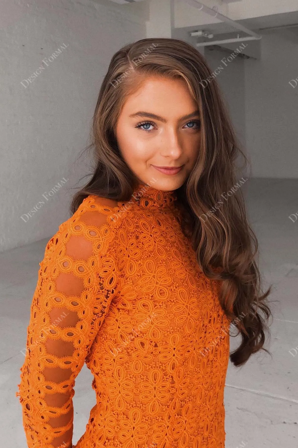 Orange Lace Sleeved Scalloped Short Prom Dress