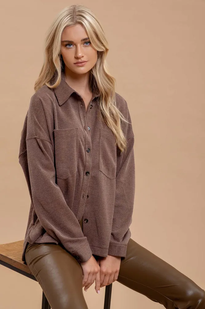 Oversized Pinstripe Shacket in Brown by Blu Pepper