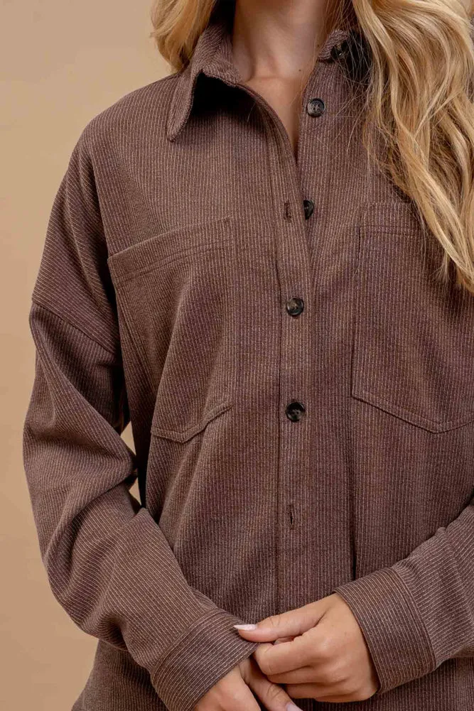 Oversized Pinstripe Shacket in Brown by Blu Pepper