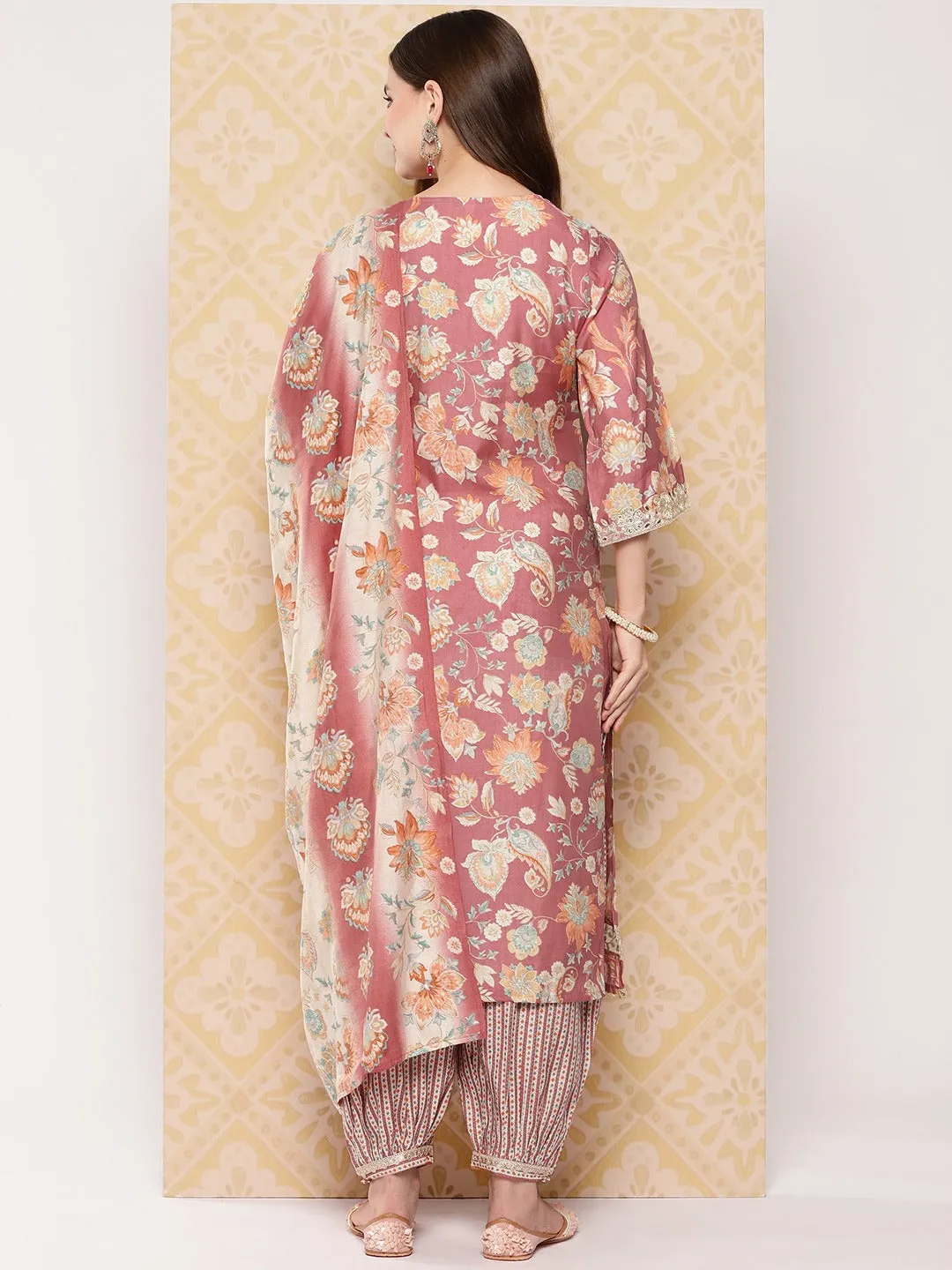 Peach-Coloured Printed Kurta With Harem Pants With Dupatta