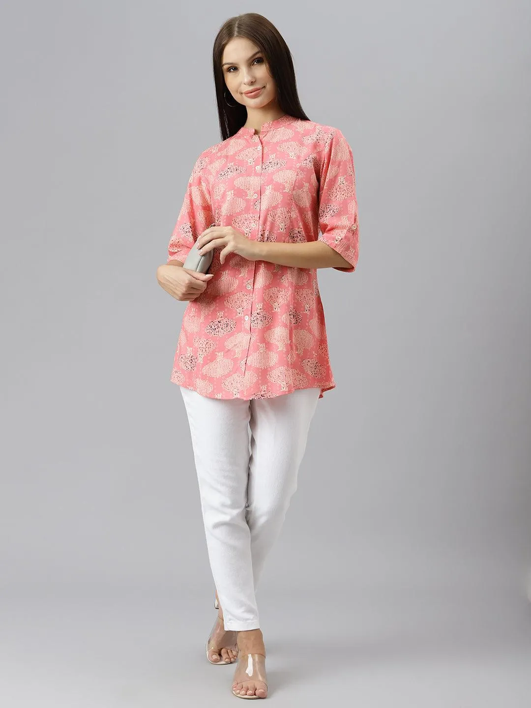 Peach Floral Rayon A-Line Shirts Style Top