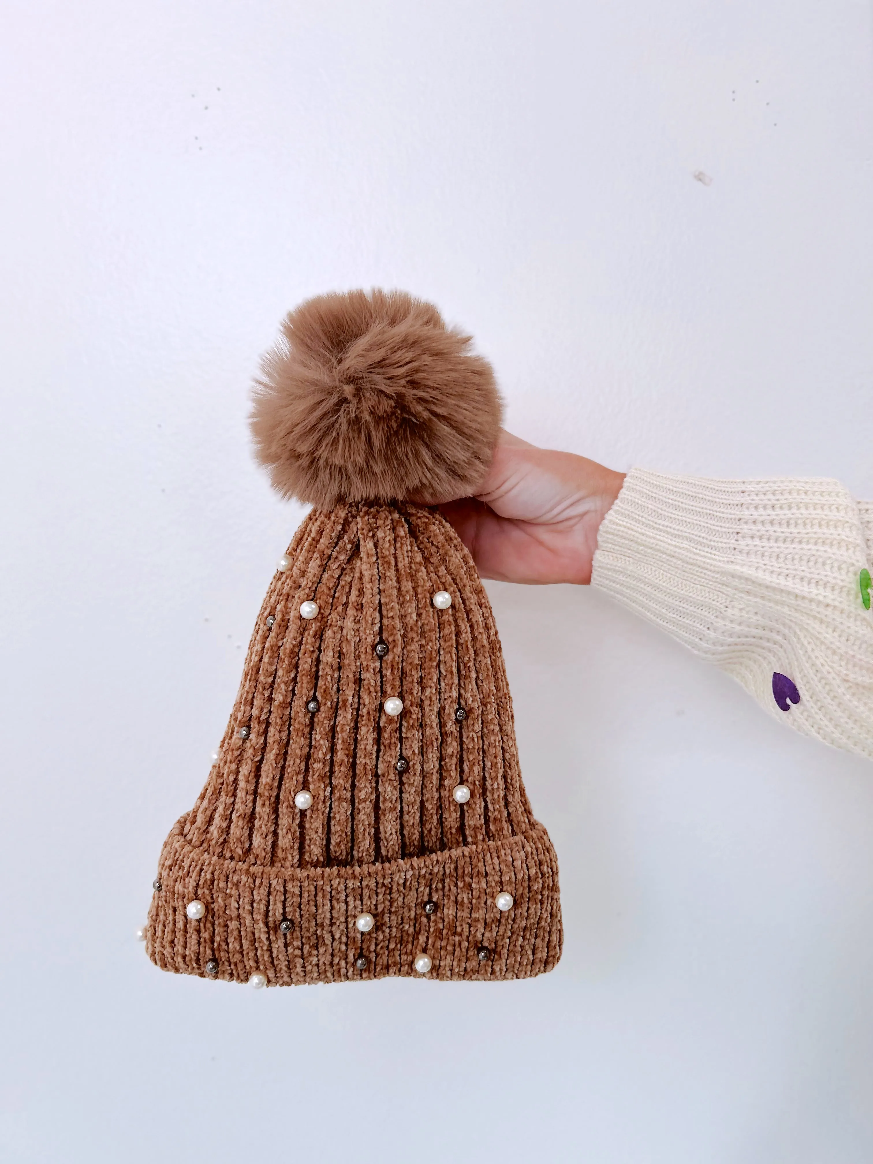 Pearla Adorned Pom Beanie - Golden Brown