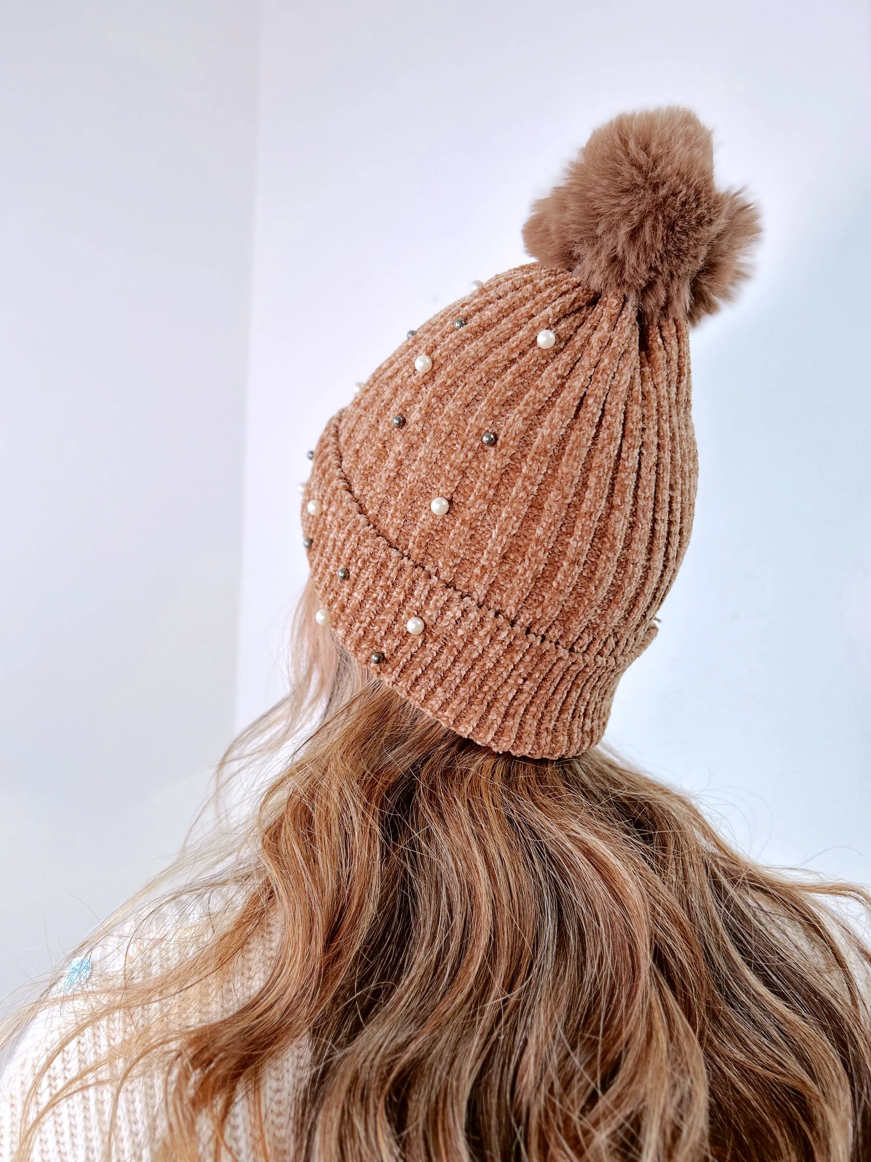 Pearla Adorned Pom Beanie - Golden Brown