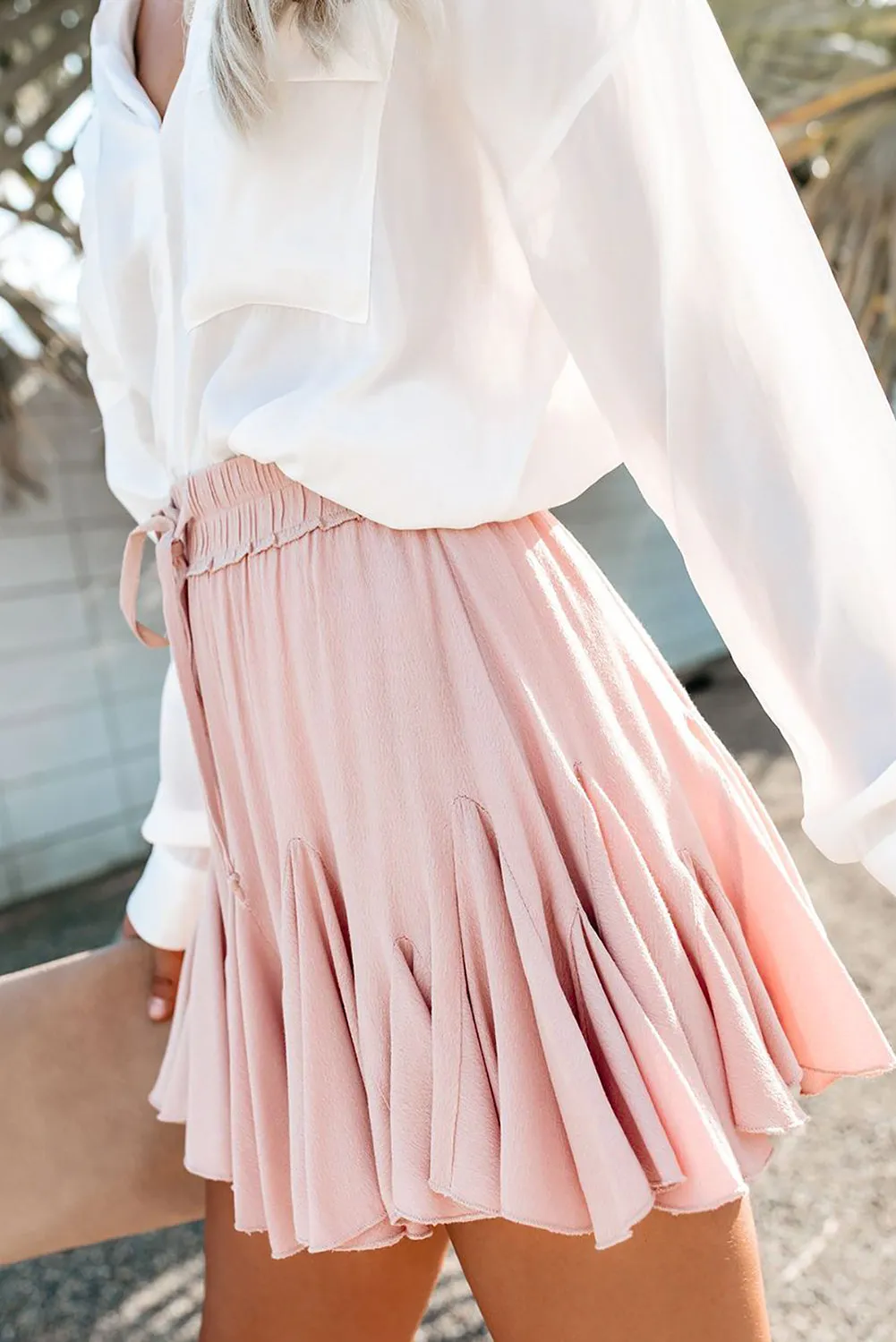 Pink Elastic Waist Pleated Skirt