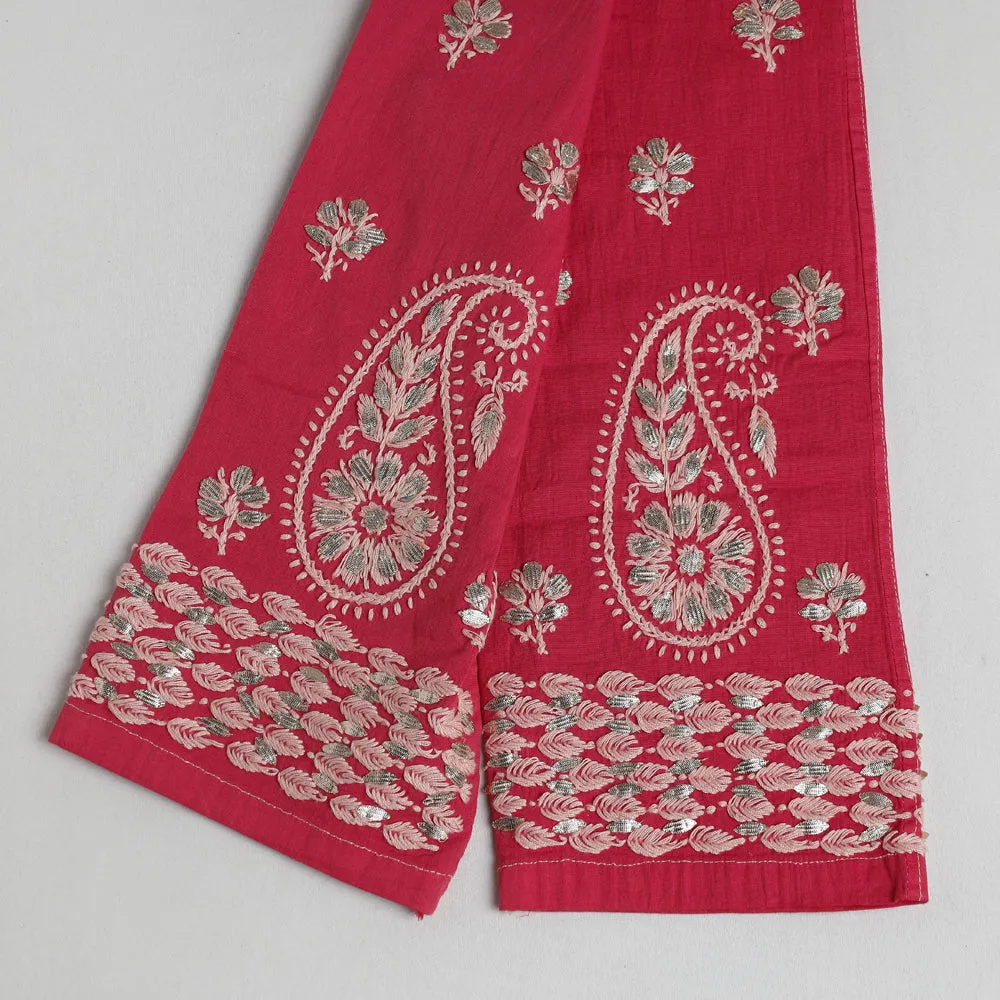 Pink - Lucknow Chikankari Hand Embroidery Gota Patti Work Cotton Pant (Free Size)