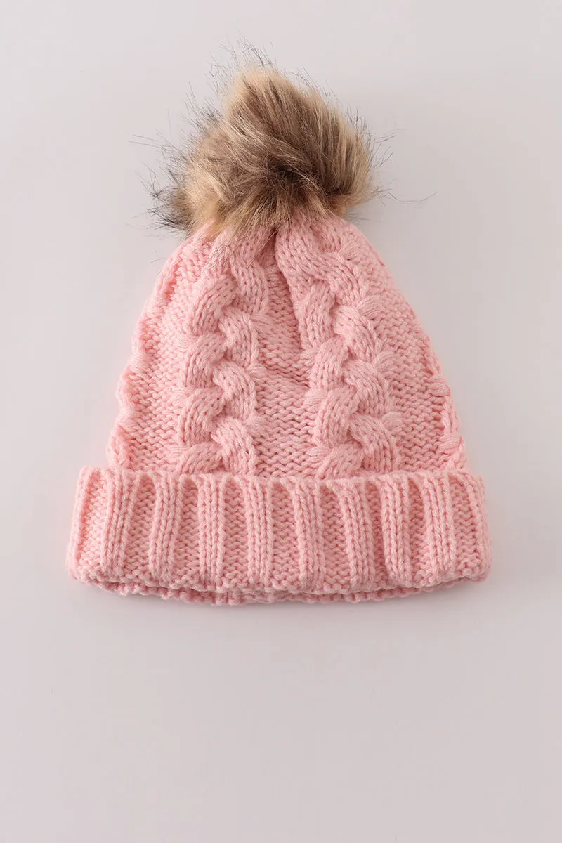 Pink pompom cable beanie