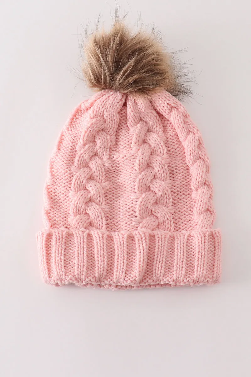 Pink pompom cable beanie