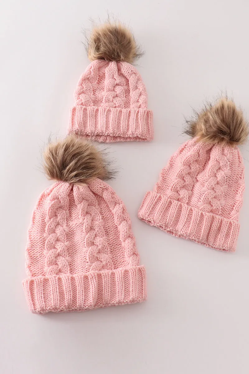 Pink pompom cable beanie