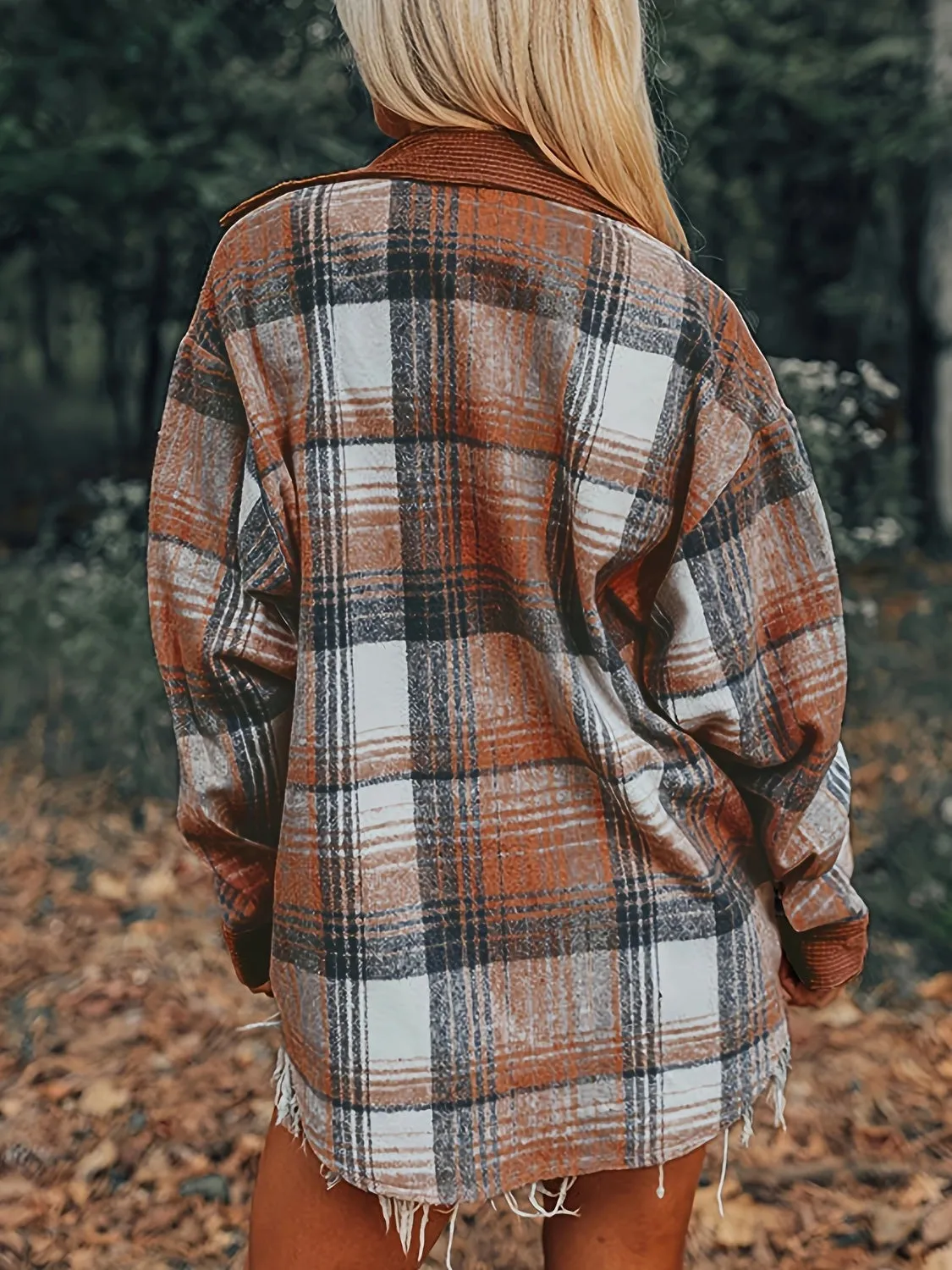 Plaid Collared Neck Button Up Shacket