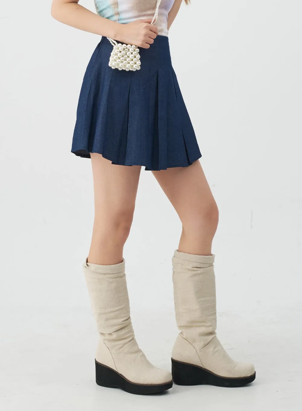 Pleated Denim Mini Skirt CJ08