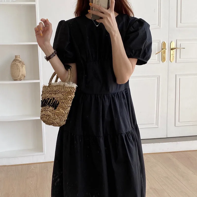 Pleated Slimming Puff Sleeve Kikyou Dress