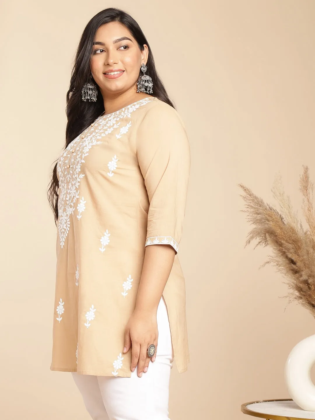 Plus Size Cream Cotton Chikankari Regular Tunic