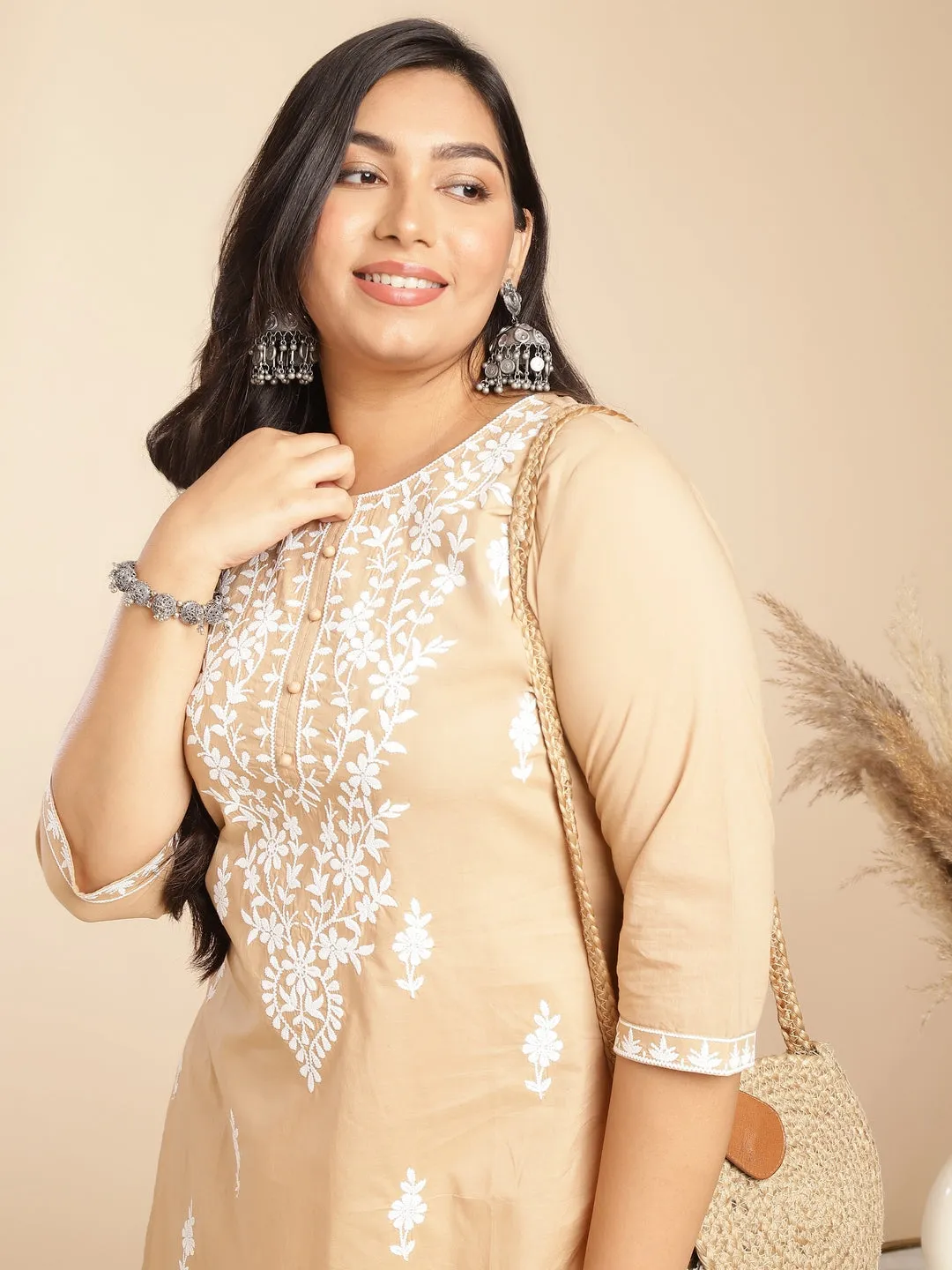 Plus Size Cream Cotton Chikankari Regular Tunic