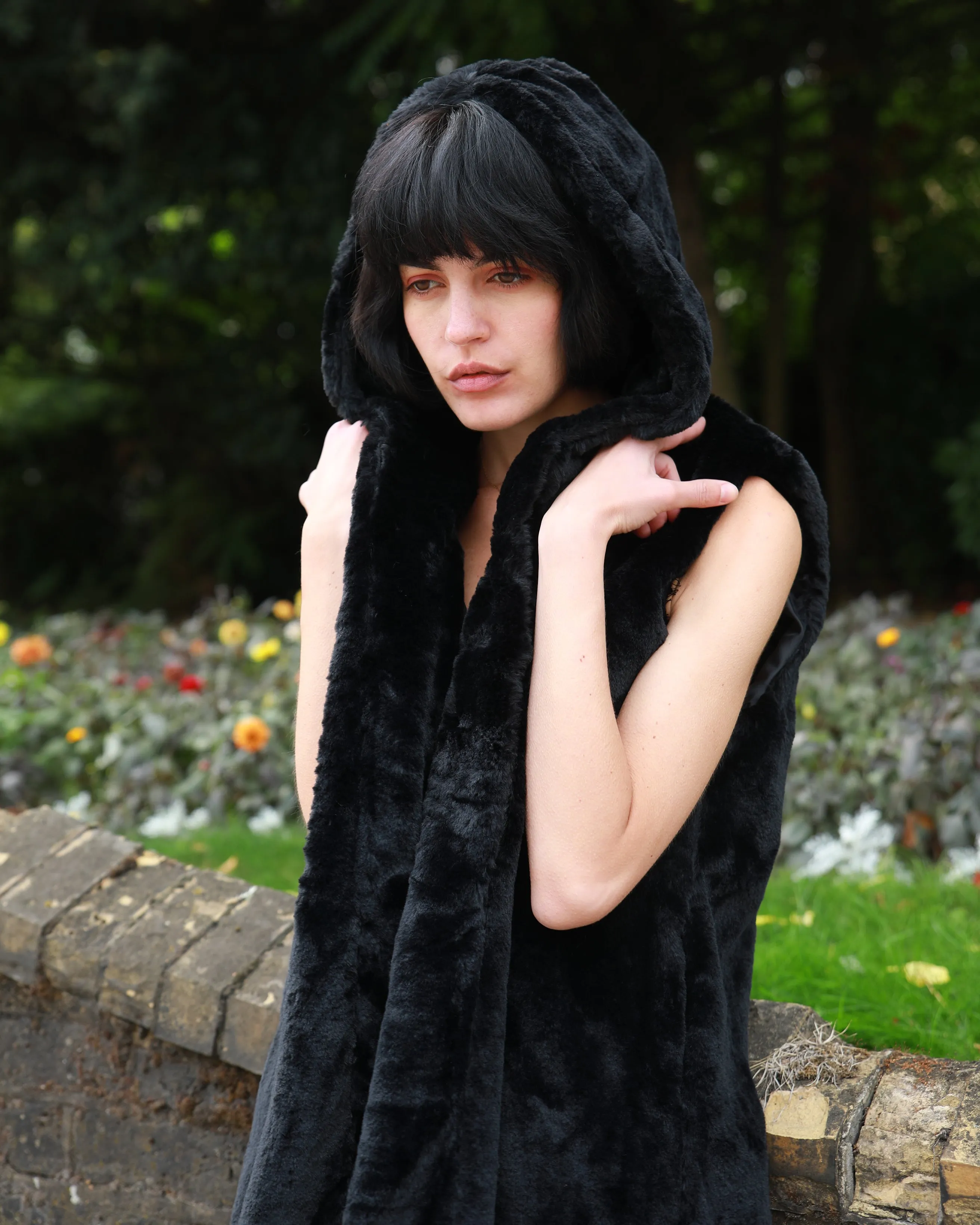 Plus Size Faux Fur Long Gilet with Hoodie