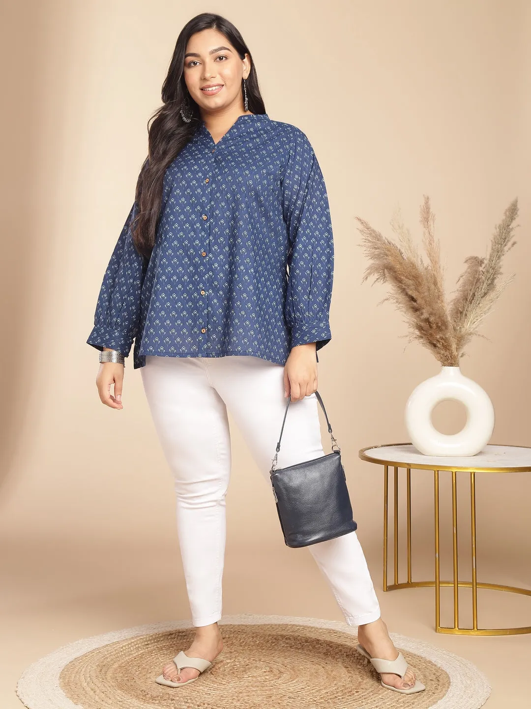 Plus Size Indigo Cotton Floral Tunic