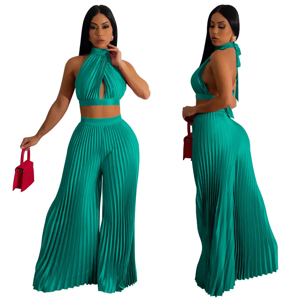 Plus Size Solid Color Crop Top and Wide-Leg Trousers Set