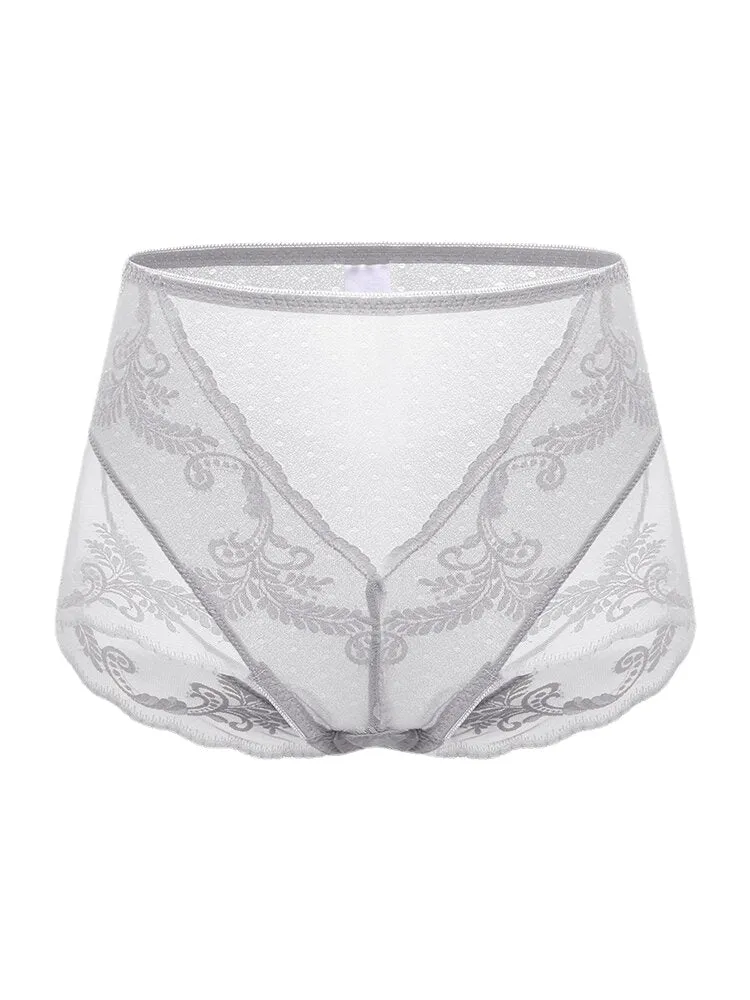 Plus Size Women Lace Jacquard Sheer Breathable Thin High Waist Panties