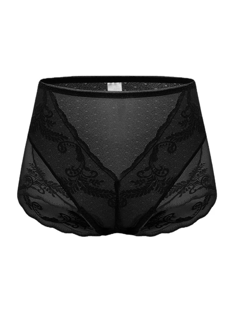 Plus Size Women Lace Jacquard Sheer Breathable Thin High Waist Panties