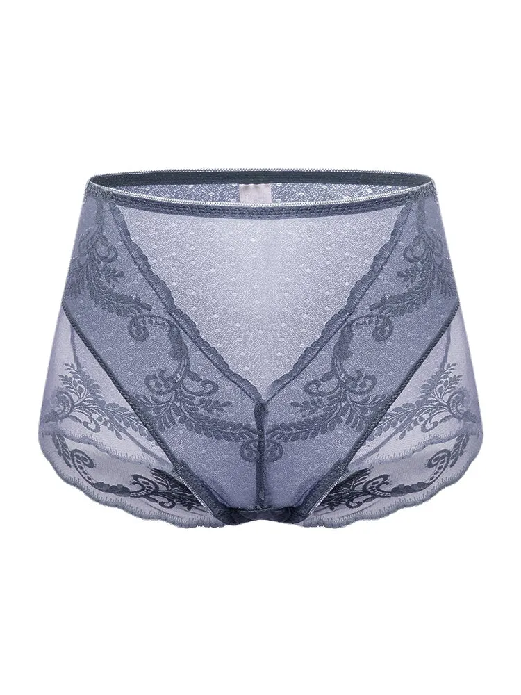 Plus Size Women Lace Jacquard Sheer Breathable Thin High Waist Panties