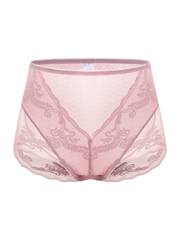 Plus Size Women Lace Jacquard Sheer Breathable Thin High Waist Panties