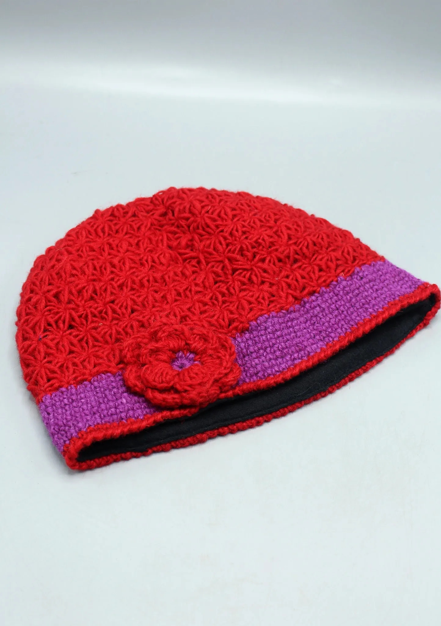 Purple Border Flower Attached Red Warm Crocheted Woolen Beanie