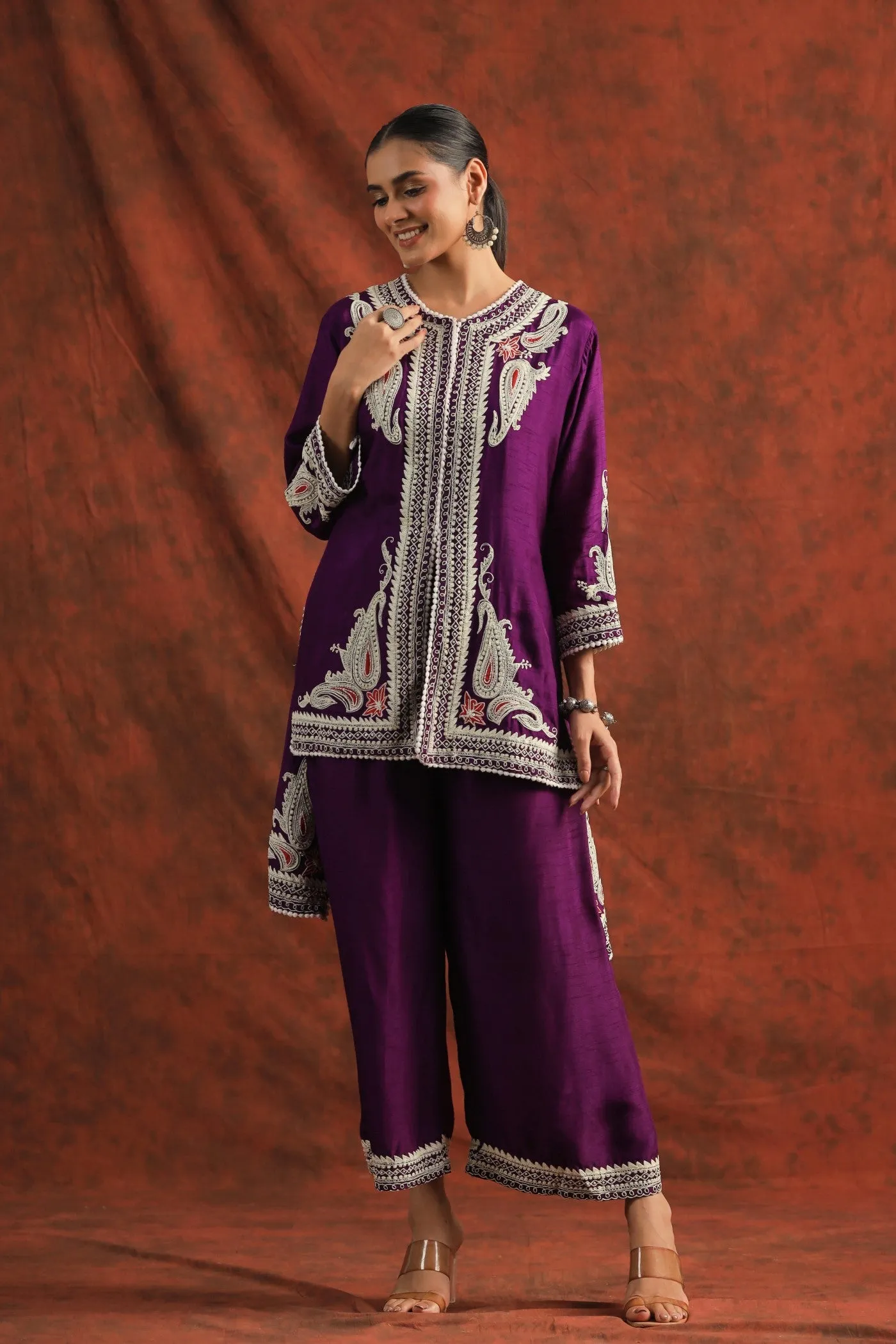 Purple Embroidered Dola Silk Tunic with Palazzo