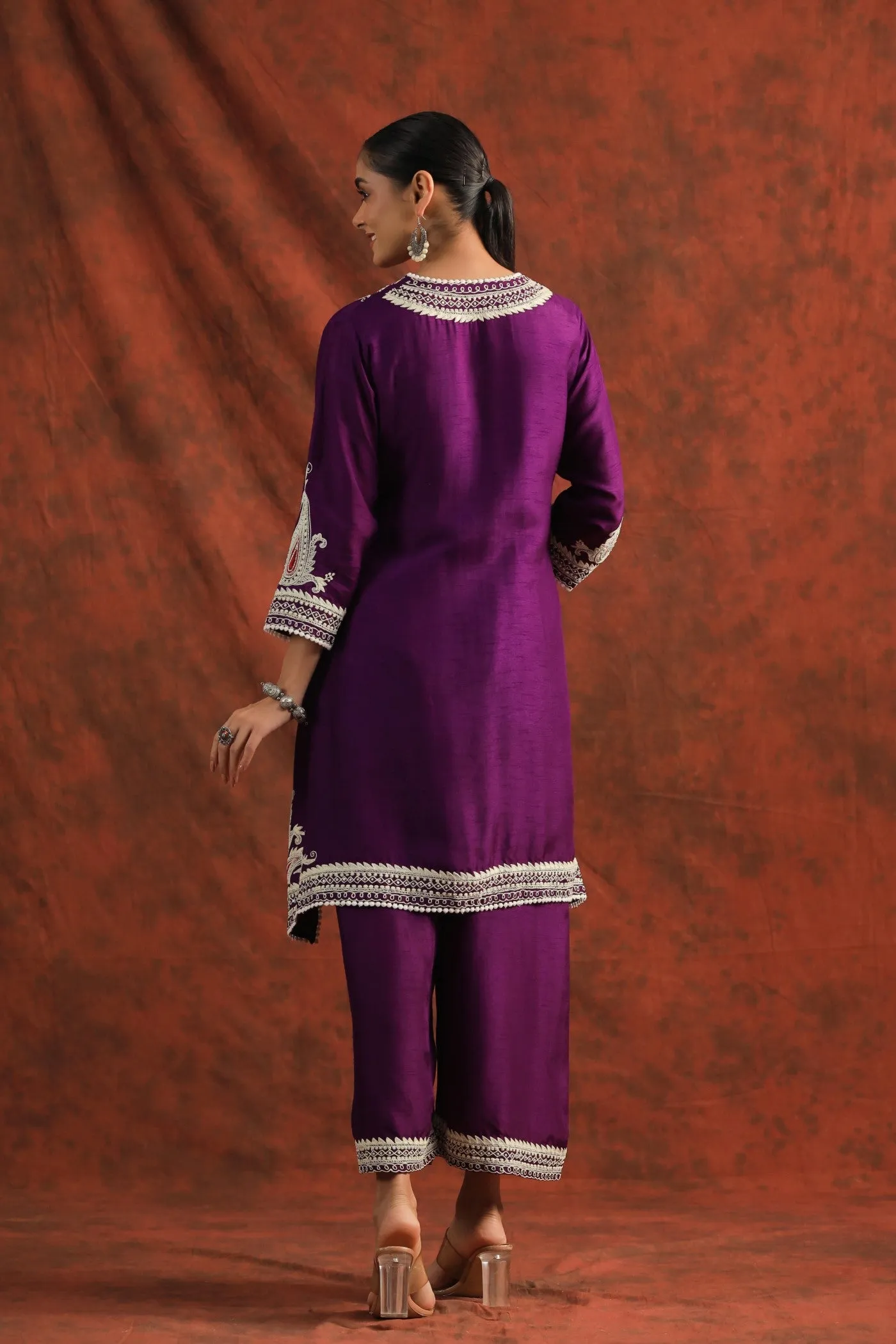 Purple Embroidered Dola Silk Tunic with Palazzo