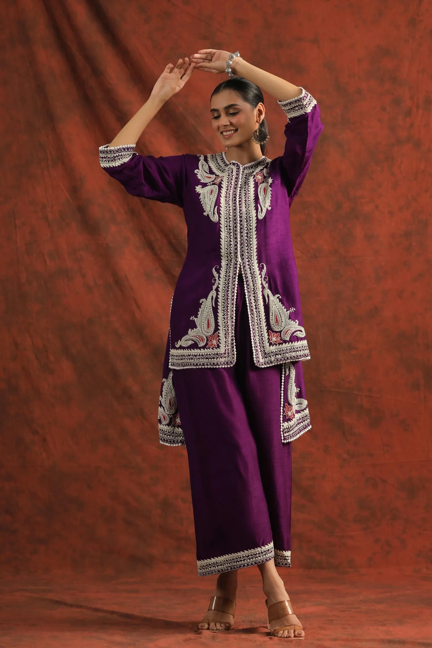 Purple Embroidered Dola Silk Tunic with Palazzo