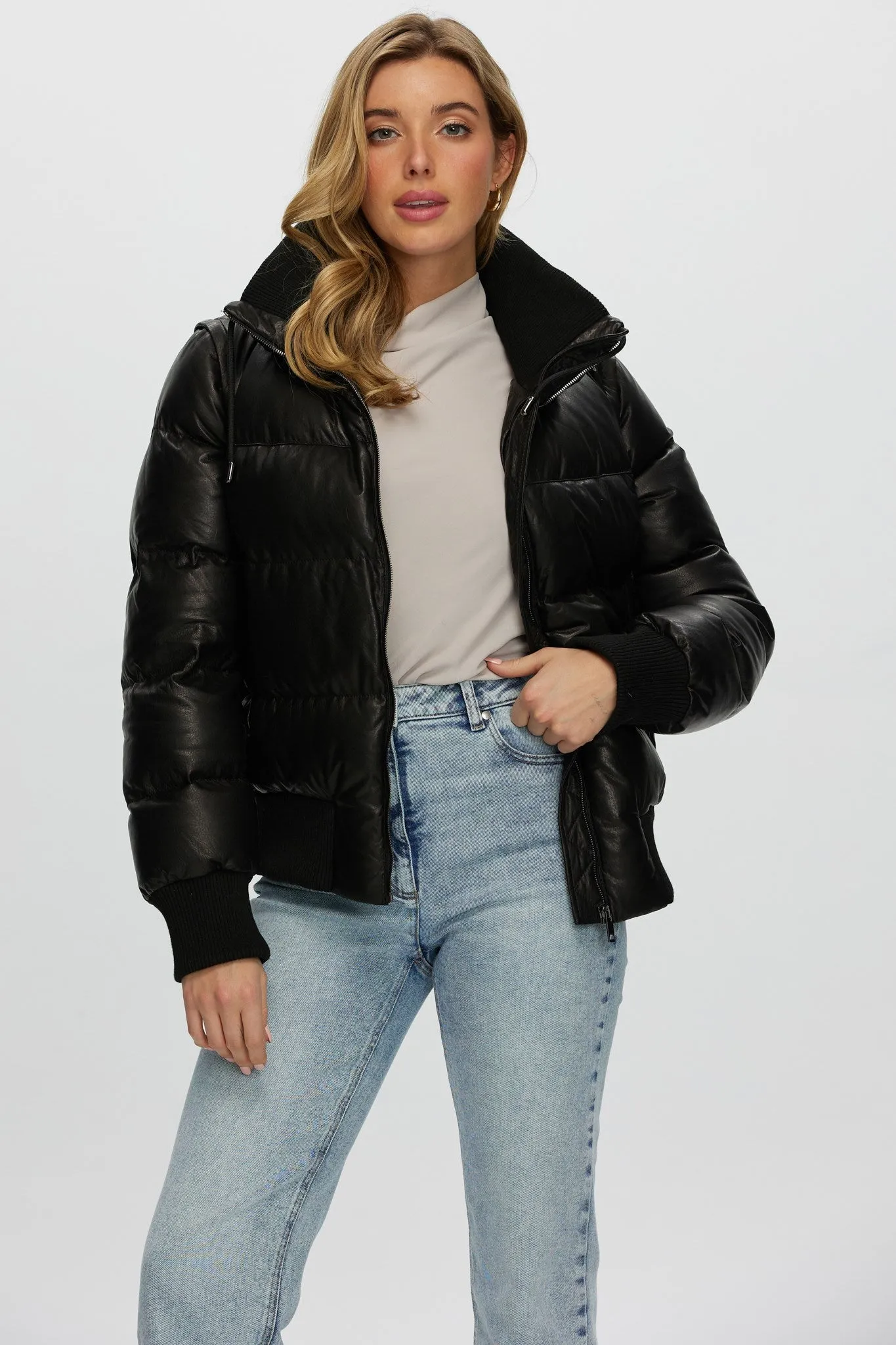 Quilted Leather Jacket with Detachable Sleeves