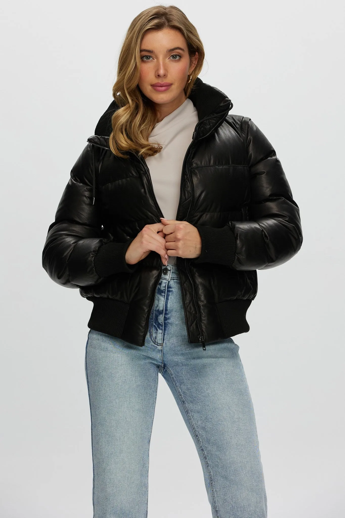 Quilted Leather Jacket with Detachable Sleeves