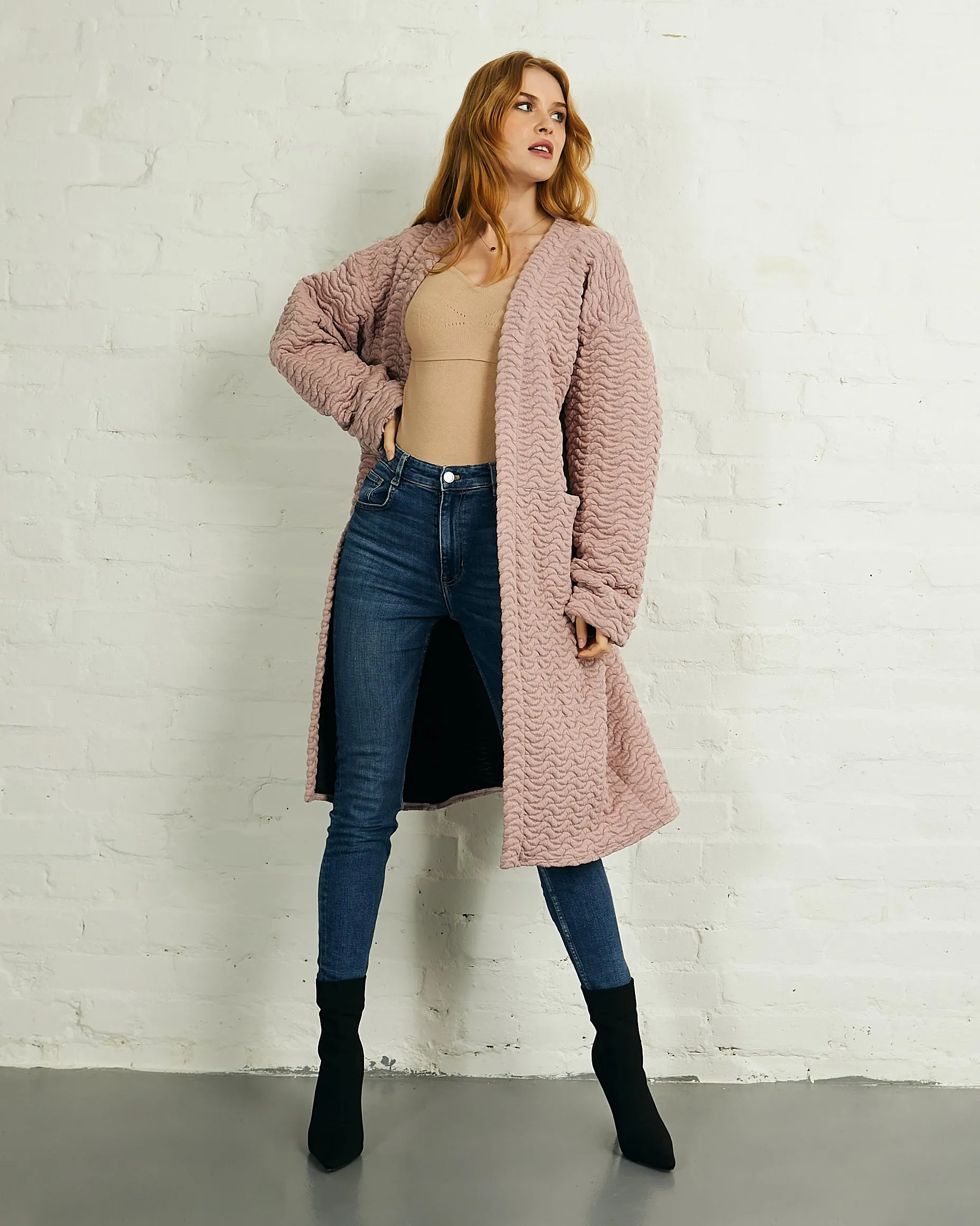 Quilted Long Open Front Coat with Pockets in Pink | Cali