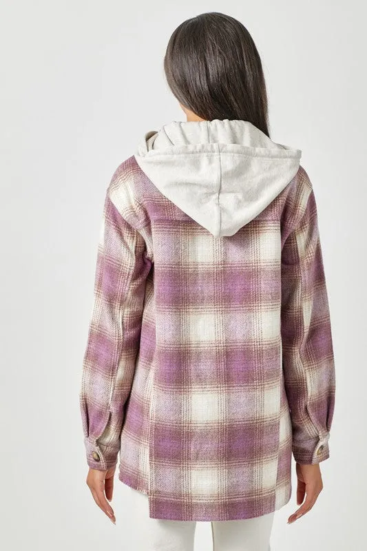 Raw Hem Plaid Hoodie Shacket