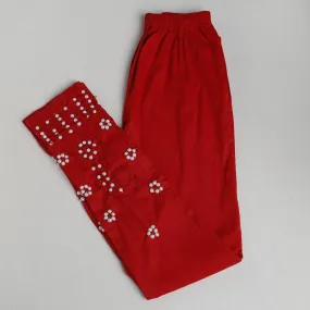 Red - Lucknow Chikankari Hand Embroidery Beadwork Cotton Pant (Free Size)