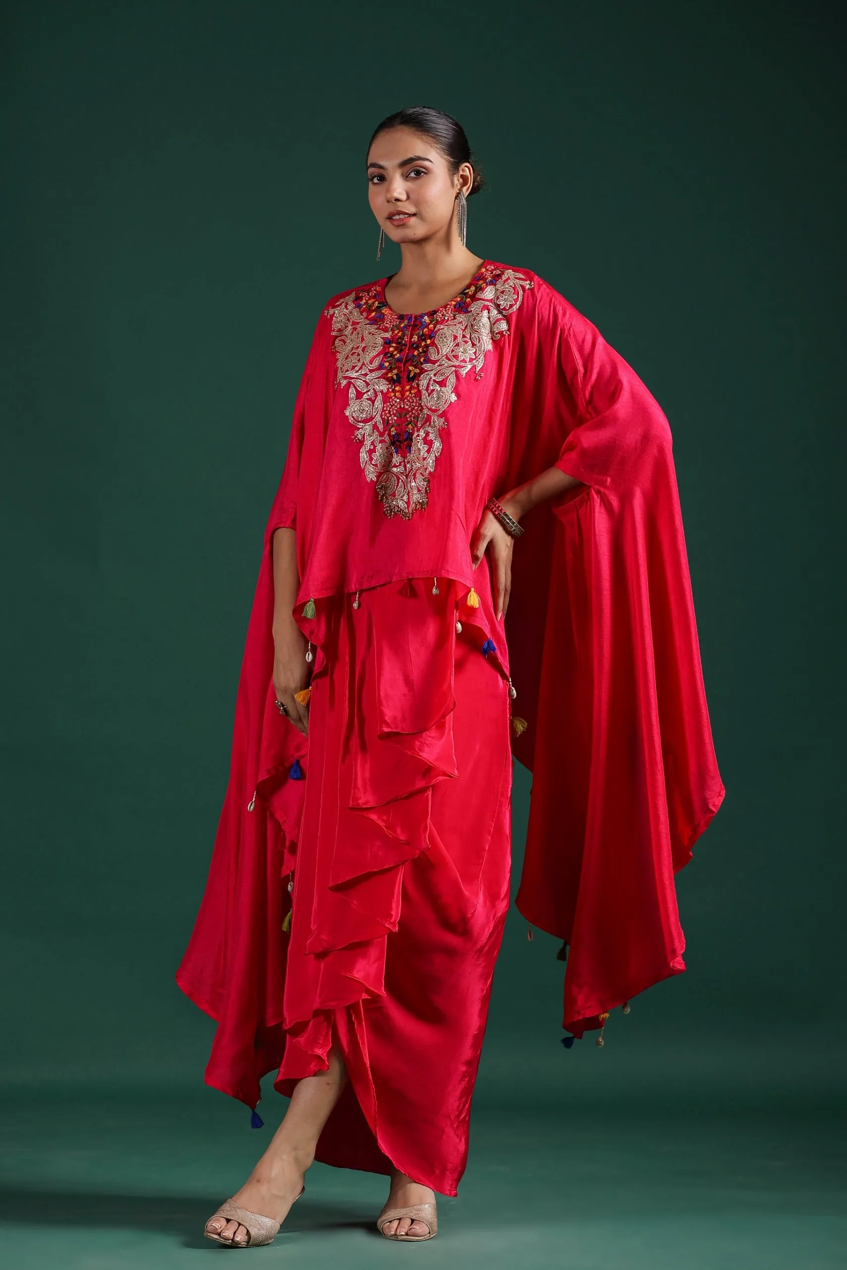 Reddish Pink Embroidered Raw Silk Draped Skirt Set