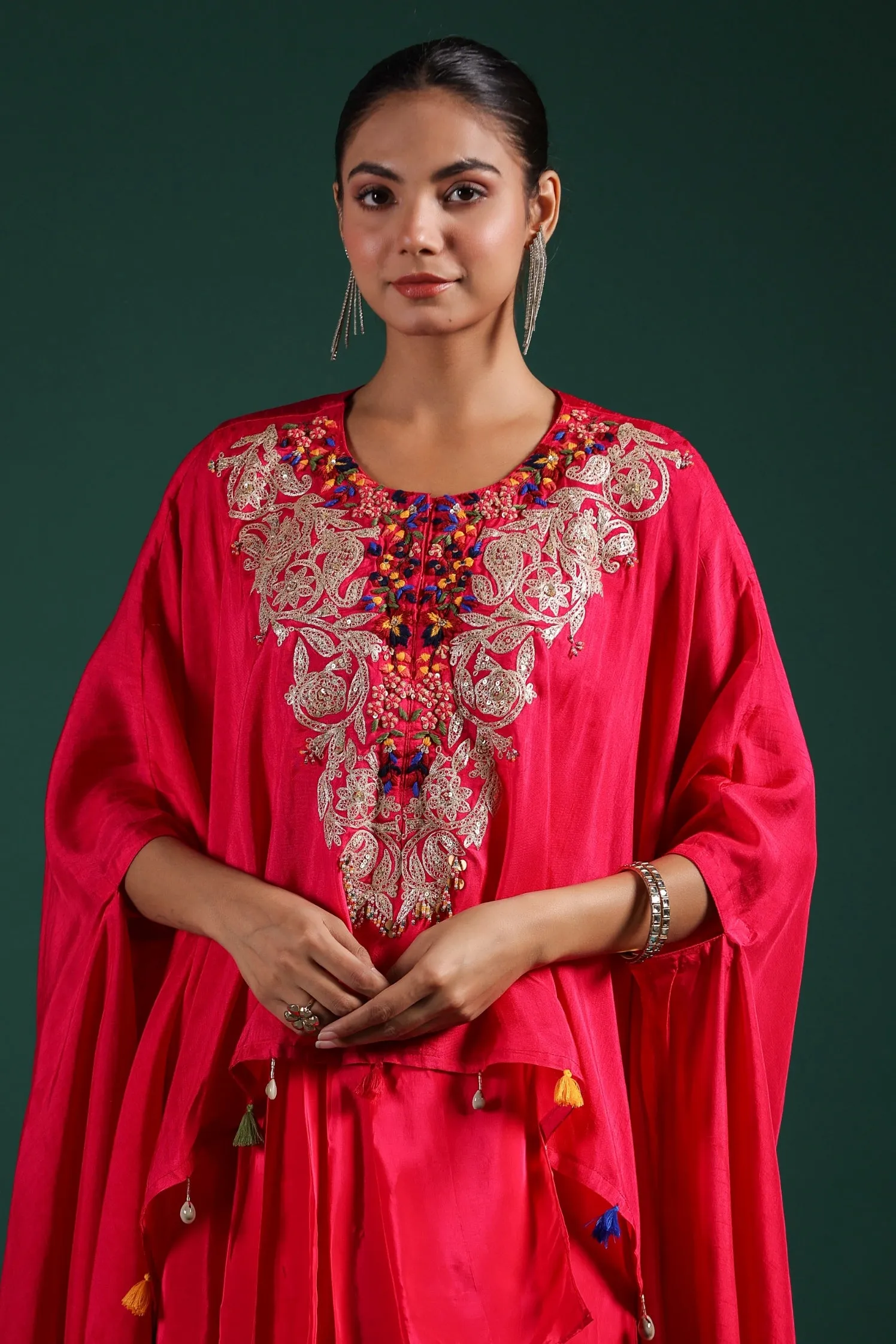 Reddish Pink Embroidered Raw Silk Draped Skirt Set